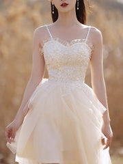 Beige Homecoming Dress Sweetheart Neck Tulle Lace Short Party Cocktail Dress