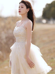 Beige Homecoming Dress Sweetheart Neck Tulle Lace Short Party Cocktail Dress