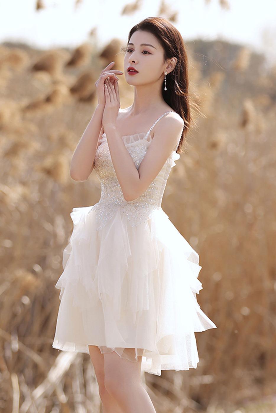 Beige Homecoming Dress Sweetheart Neck Tulle Lace Short Party Cocktail Dress