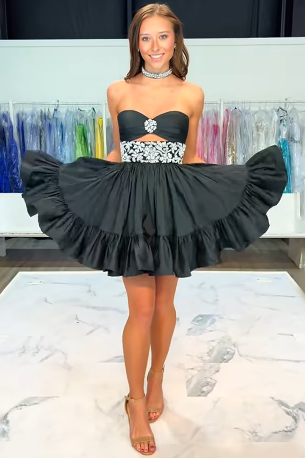 Black A Line Homecoming Dresses Keyhole Short Cocktail Dresses With Rhinestones