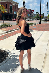 Black A Line Homecoming Dresses Sweetheart Short Corset Cocktail Dresses With Ruffles