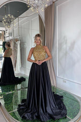 Black A Line Prom Dress Sleeveless High Neck Formal Dress With Beadings and Rhinestones