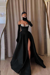 Black A Line Prom Dress Sleeveless Sweetheart Formal Dress With Beadings and Rhinestones
