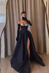 Black A Line Prom Dress Sleeveless Sweetheart Formal Dress With Beadings and Rhinestones