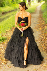 Black A Line Prom Dress Strapless Tiered Tulle Long Evening Dress with Keyhole