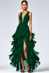 Dressystars Black A Line V-Neck Tiered Sleeveless Long Prom Dress With Slit