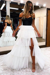 Black And Ivory Prom Dress A Line Strapless Tiered Long Evening Dress