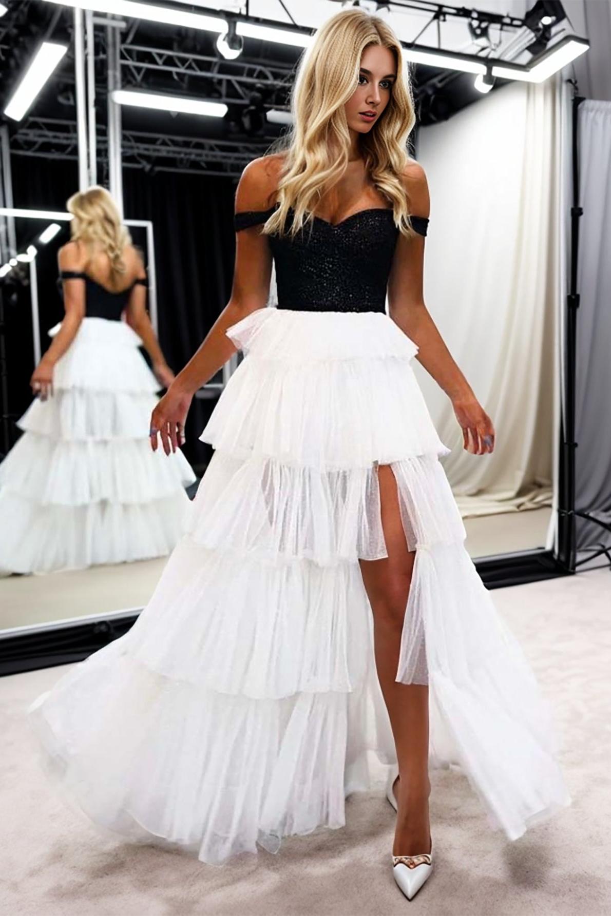 Black And Ivory Prom Dress A Line Strapless Tiered Long Evening Dress