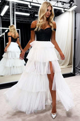 Black And Ivory Prom Dress A Line Strapless Tiered Long Evening Dress