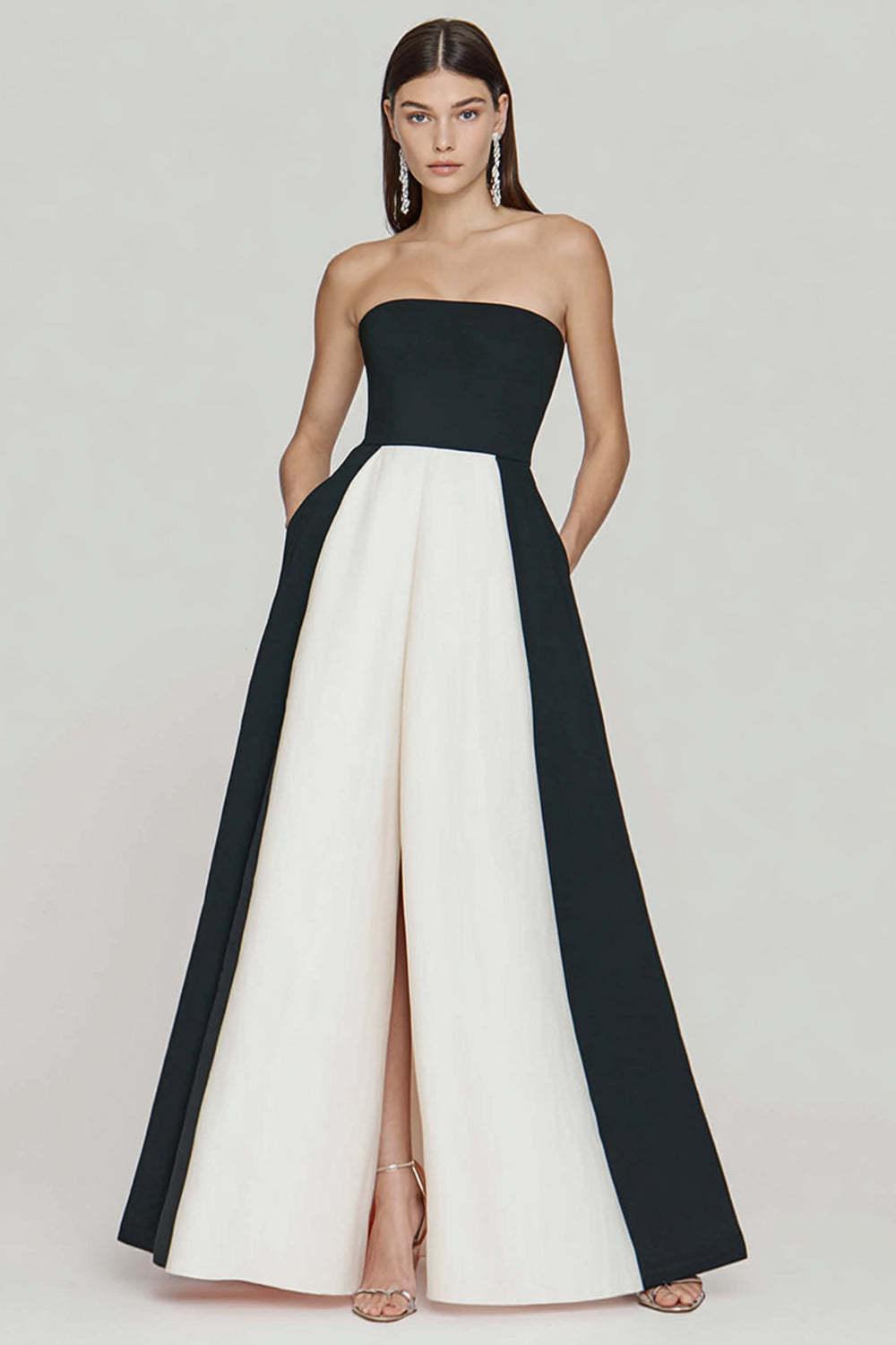 Dressystars Black And White A Line Strapless Long Prom Dress With Slit