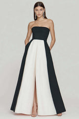 Dressystars Black And White A Line Strapless Long Prom Dress With Slit