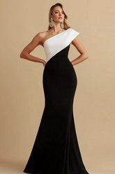 Dressystars Black And White Mermaid One Shoulder Long Satin Evening Dress