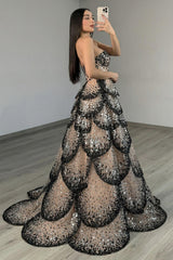 Black Apricot Tiered Prom Dress Strapless A Line Long Formal Dress With Sequin