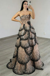 Black Apricot Tiered Prom Dress Strapless A Line Long Formal Dress With Sequin