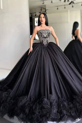 Black Ball Gown Prom Dress Sleeveless Strapless Formal Dress With Lace Appliques