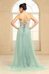 Champagne Beaded Formal Dress Strapless Sheath Wedding Party Dress with Panel Train