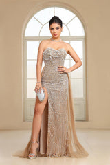 Champagne Beaded Formal Dress Strapless Sheath Wedding Party Dress with Panel Train