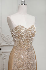 Champagne Beaded Formal Dress Strapless Sheath Wedding Party Dress with Panel Train