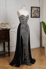 Champagne Beaded Formal Dress Strapless Sheath Wedding Party Dress with Panel Train