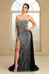 Black Beaded Formal Dress Strapless Sheath Wedding Party Dress with Panel Train