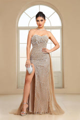 Black Beaded Formal Evening Dress Strapless Sheath Prom Wedding Party Dress with Panel Train