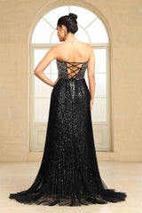 Black Beaded Formal Evening Dress Strapless Sheath Prom Wedding Party Dress with Panel Train