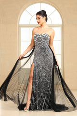 Black Beaded Formal Evening Dress Strapless Sheath Prom Wedding Party Dress with Panel Train