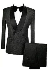 Black Double Breasted Jacquard Wedding Suit with Velvet Lapel