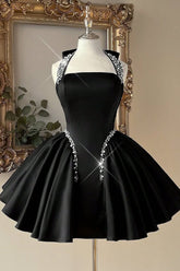 Black Halter Satin Homecoming Dress with Crystal Chain Detail & Full Skirt