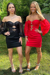 Black Homecoming Dress Chic Off the Shoulder Style Keyhole with Balloon Sleeves Short Party Cocktail Dress