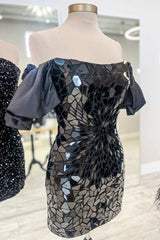Black Homecoming Dress Cut Glass Mirror Chic Off the Shoulder Style Short Party Cocktail Dress