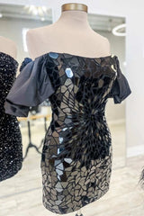 Black Homecoming Dress Cut Glass Mirror Puff Sleeve Short Party Cocktail Dress