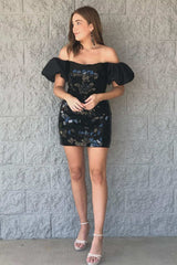 Black Homecoming Dress Cut Glass Mirror Puff Sleeve Short Party Cocktail Dress
