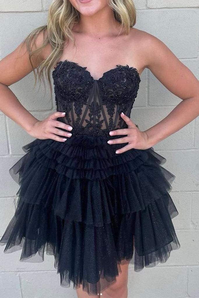 Black Homecoming Dress Sweetheart Neck Lace Cute Short Party Cocktail Dress