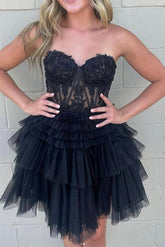 Black Homecoming Dress Sweetheart Neck Lace Cute Short Party Cocktail Dress