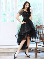 Black Homecoming Dress Tulle High Low Lace Party Cocktail Dress