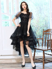 Black Homecoming Dress Tulle High Low Lace Party Cocktail Dress