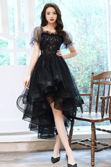 Black Homecoming Dress Tulle High Low Lace Party Cocktail Dress