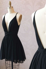 Black Homecoming Dress V Neck Chiffon Short Party Cocktail Dress