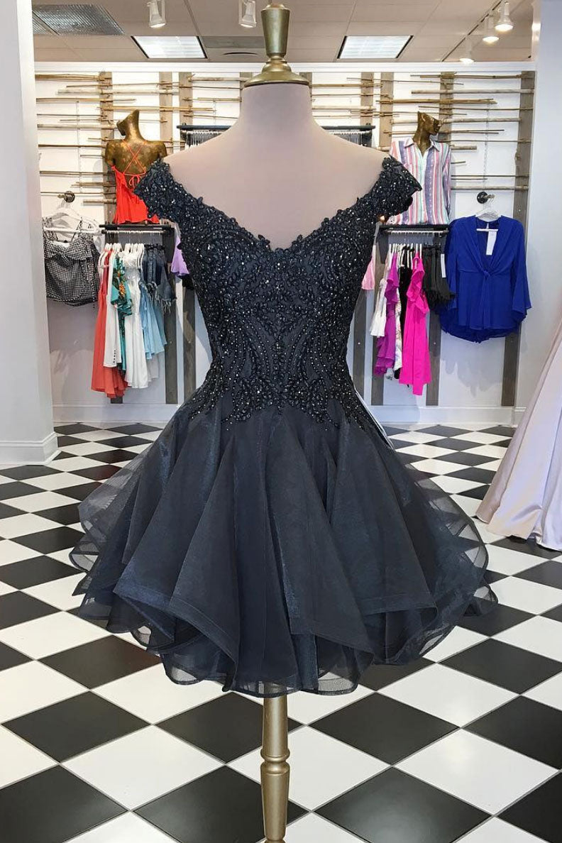 Black Homecoming Dress V Neck Tulle Beaded Short Party Cocktail Dress