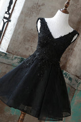 Black Homecoming Dress V Neck Tulle Lace Short Party Cocktail Dress