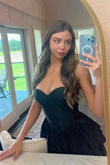 Black Homecoming Dresses A-Line Corset Sweetheart High Low Tiered Long Cocktail Dresses