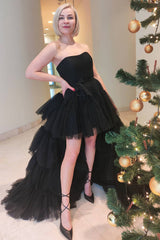Black Homecoming Dresses A-Line High Low Strapless Cocktail Dresses with Ruffles