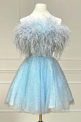 Black Homecoming Dresses A-Line Strapless Cocktail Dresses with Feathers