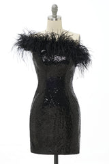 Black Homecoming Dresses One Shoulder Sequin Short Cocktail Dresses with Feathers