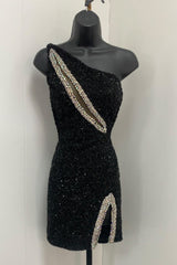 Black Homecoming Dresses Sequin One Shoulder Tight Short Cocktail Dresses