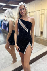 Black Homecoming Dresses Sequin One Shoulder Tight Short Cocktail Dresses