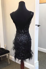 Black Homecoming Dresses Sequin V-Neck Backless Tight Short Cocktail Dresses with Feathers
