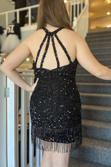 Black Homecoming Dresses Sequined Tight Short Cocktail Dresses with Fringes