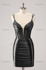 Black Homecoming Dresses Spaghetti Straps Tight Corset Cocktail Dresses with Sequin